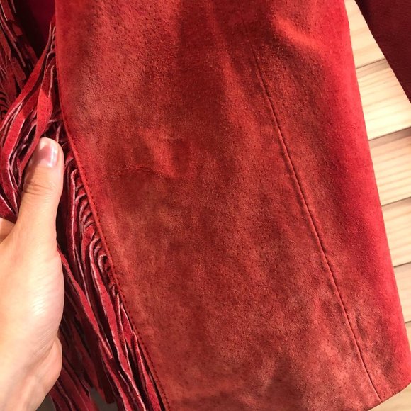 3BWest Women's Fringed Leather Jacket Red Suede Open Front - Picture 5 of 11
